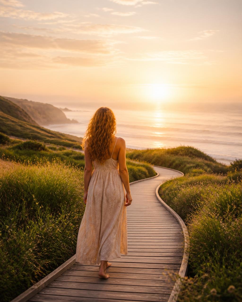 Woman walking a sunlit boardwalk path toward the ocean at dawn